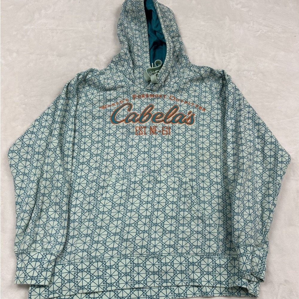 Cabela's Hoodie womans XL Green Geometric Print Logo Pullover Sweatshirt